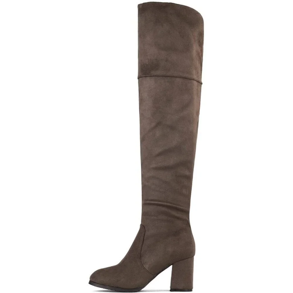 Women's Khaki Faux Suede Thigh High Block Heel Over The Knee Long Pointed Boot